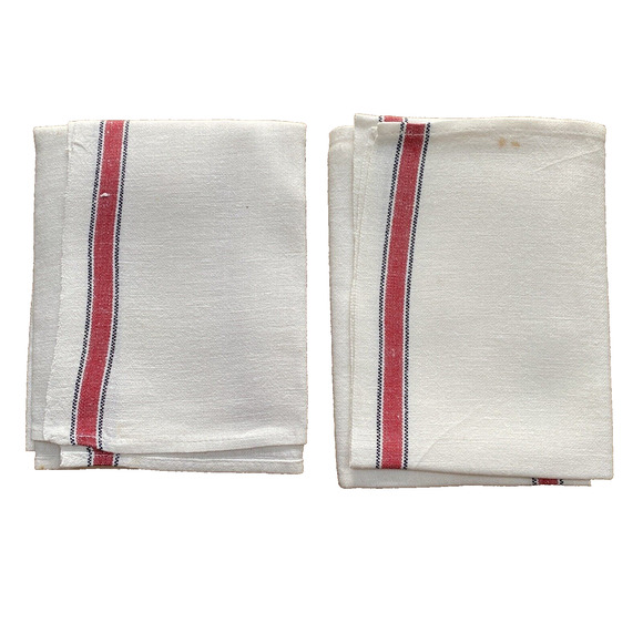 Vintage White Cotton Kitchen Tea Towel Chefs Cloth Classic Red Trim PAIR (2) - Picture 1 of 4